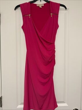 Michael Kors Fuchsia Draped Midi Dress with Gold Zipper Accents